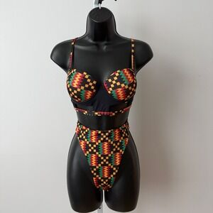Bfyne sz S Bikini Set Brazilian Underwire Top High Cut Bottom Kente Tribal Print